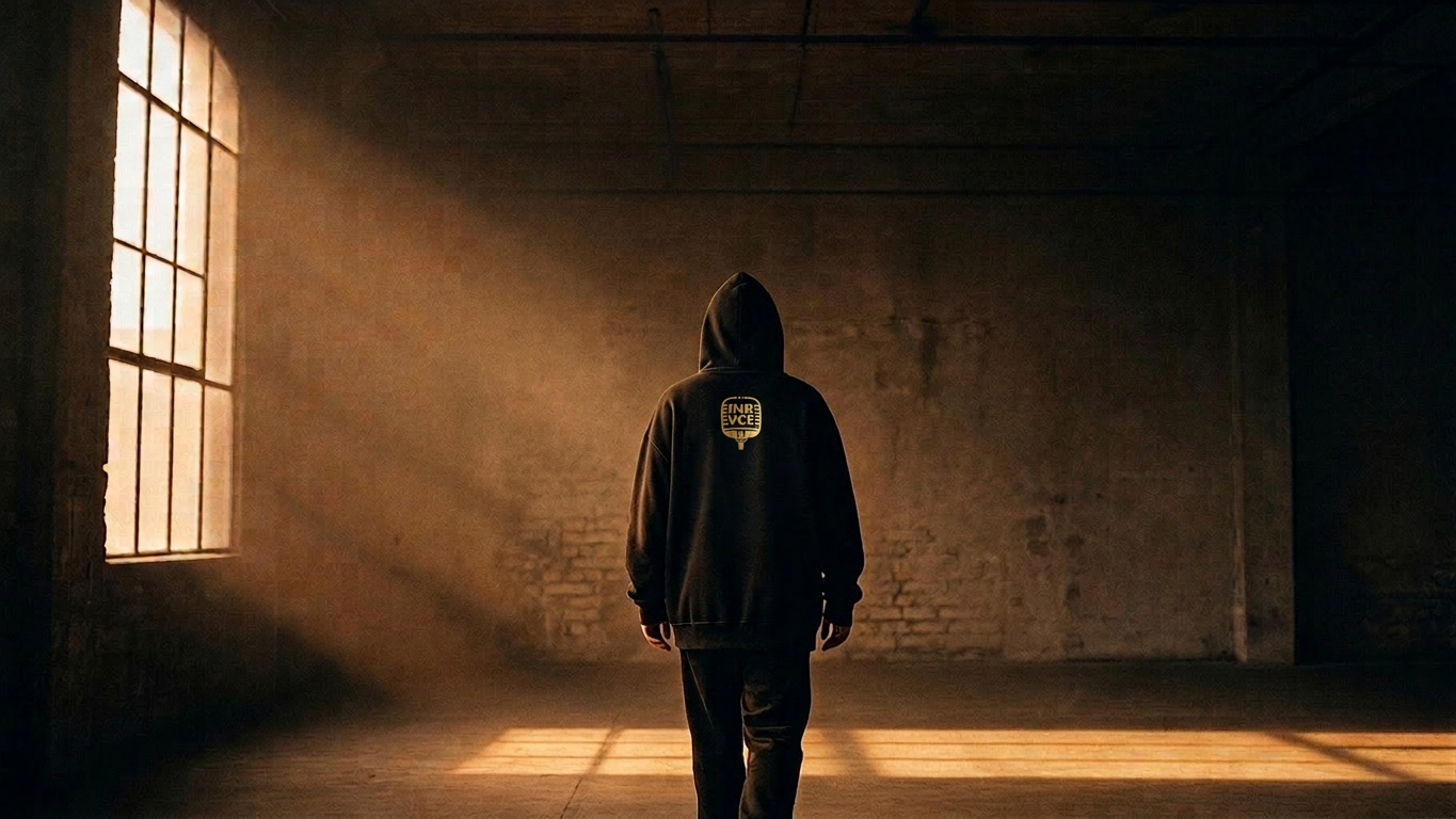 INRVCE — gold mic crest on heavyweight black hoodies