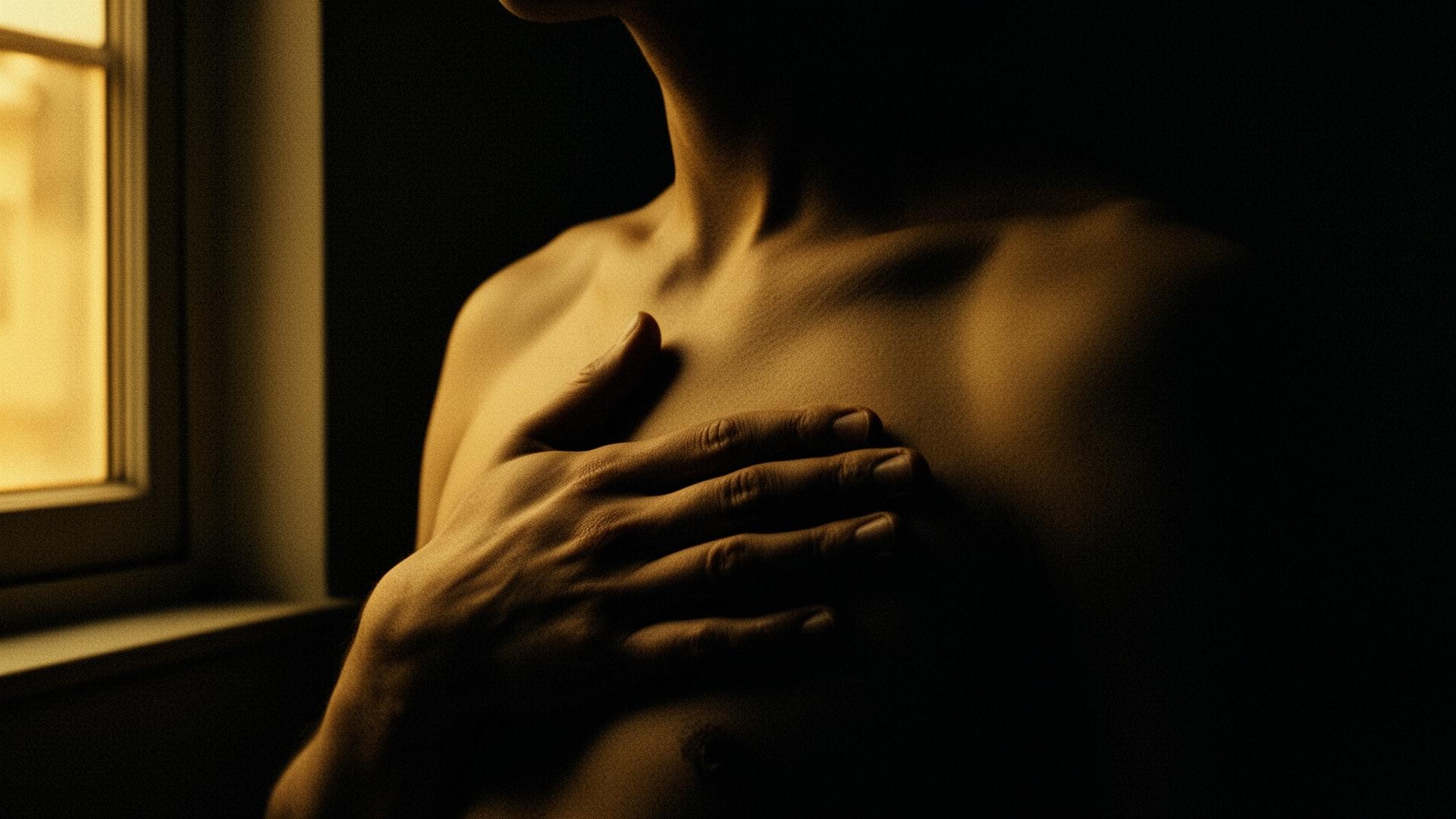 Hand resting over the heart in cinematic window light