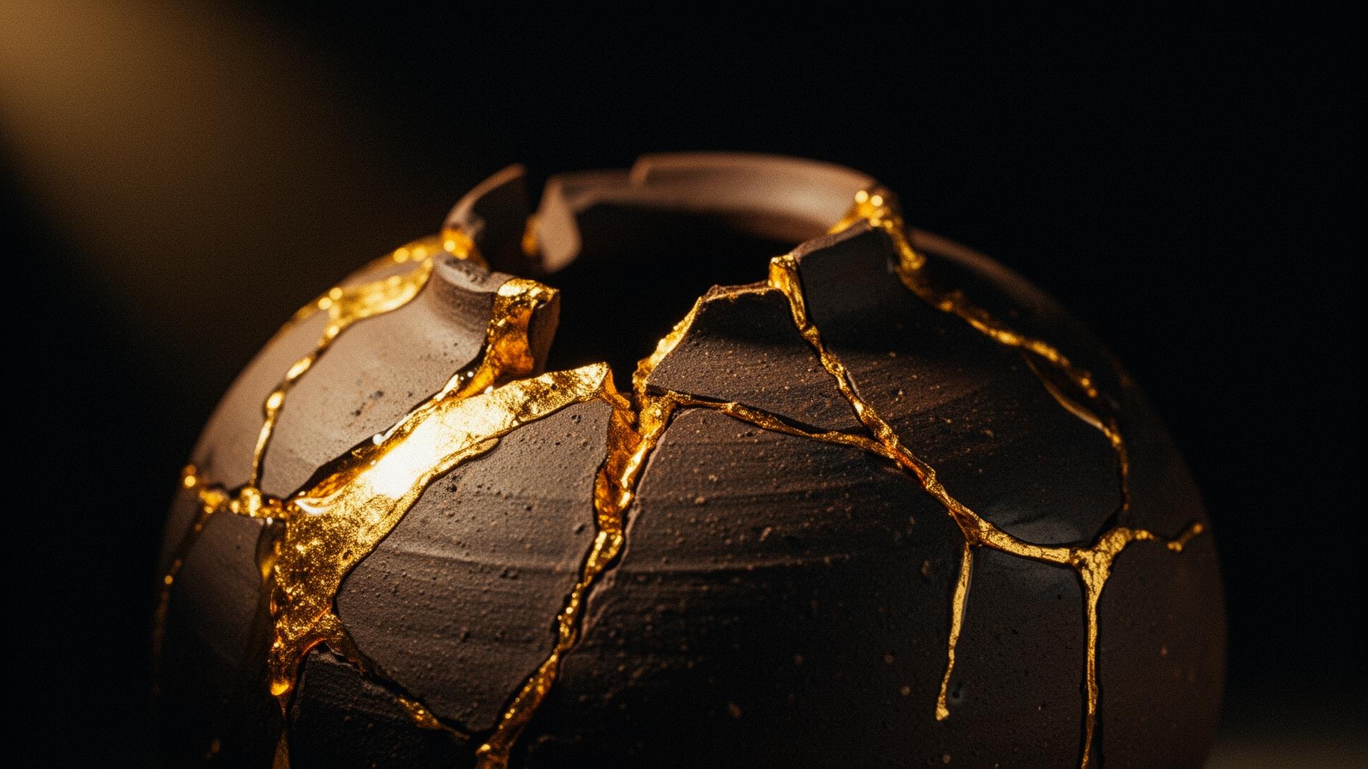 Broken ceramic repaired with molten gold seams